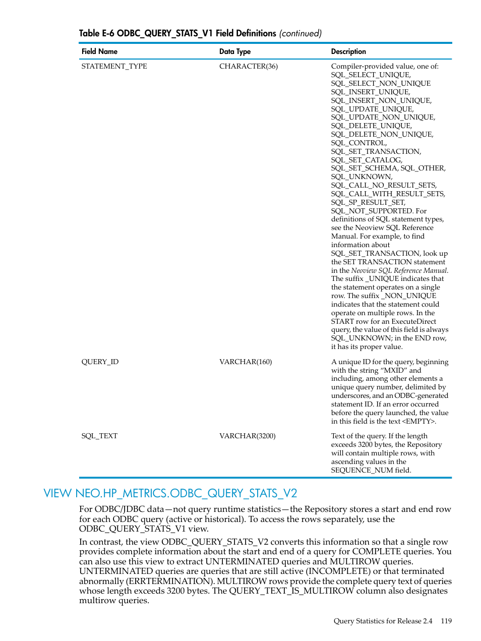 View neo.hp_metrics.odbc_query_stats_v2 | HP Neoview Release 2.5 Software User Manual | Page 119 / 142