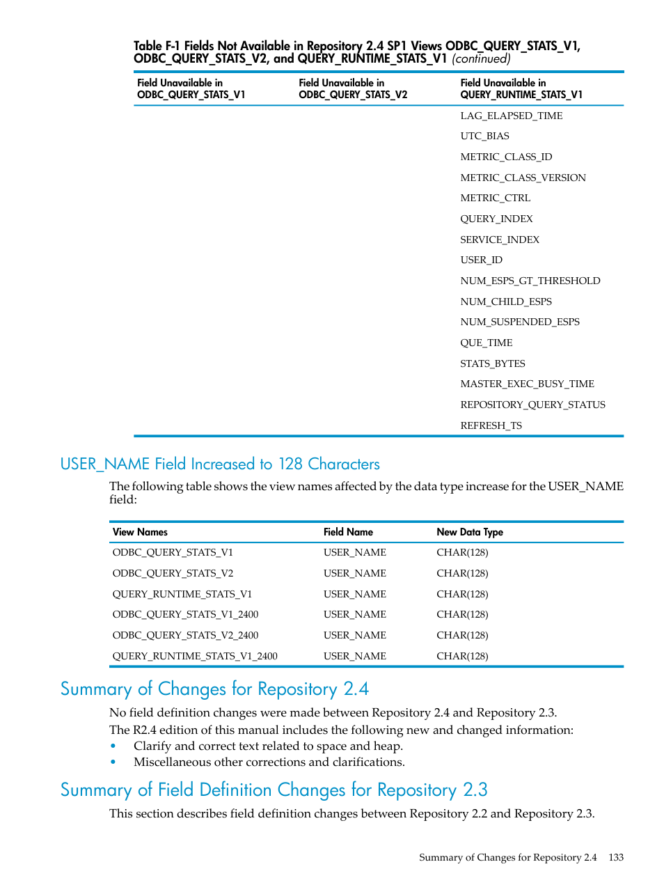 User_name field increased to 128 characters, Summary of changes for repository 2.4 | HP Neoview Release 2.5 Software User Manual | Page 133 / 142