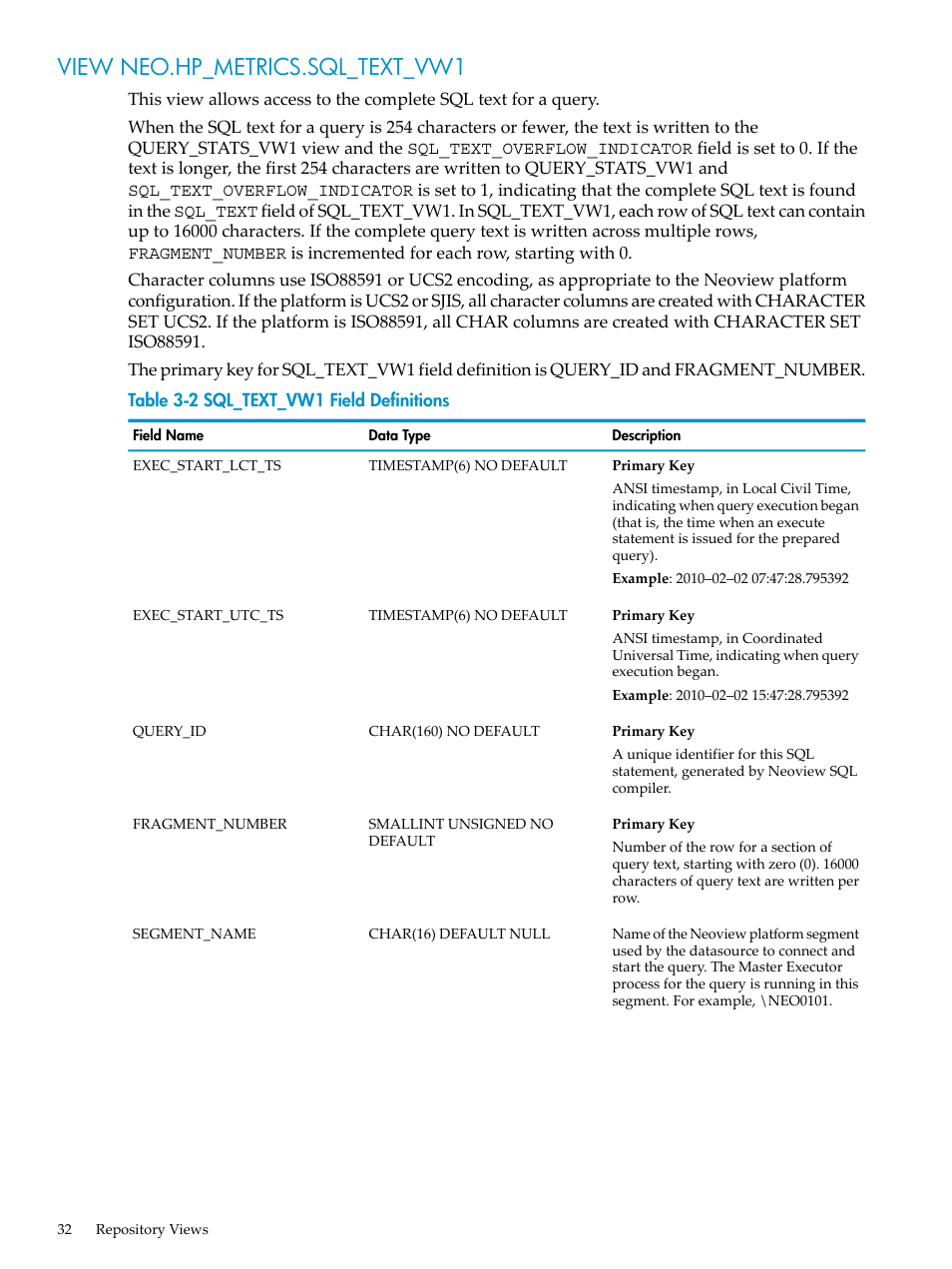 View neo.hp_metrics.sql_text_vw1, Sql_text_vw1 field definitions | HP Neoview Release 2.5 Software User Manual | Page 32 / 142