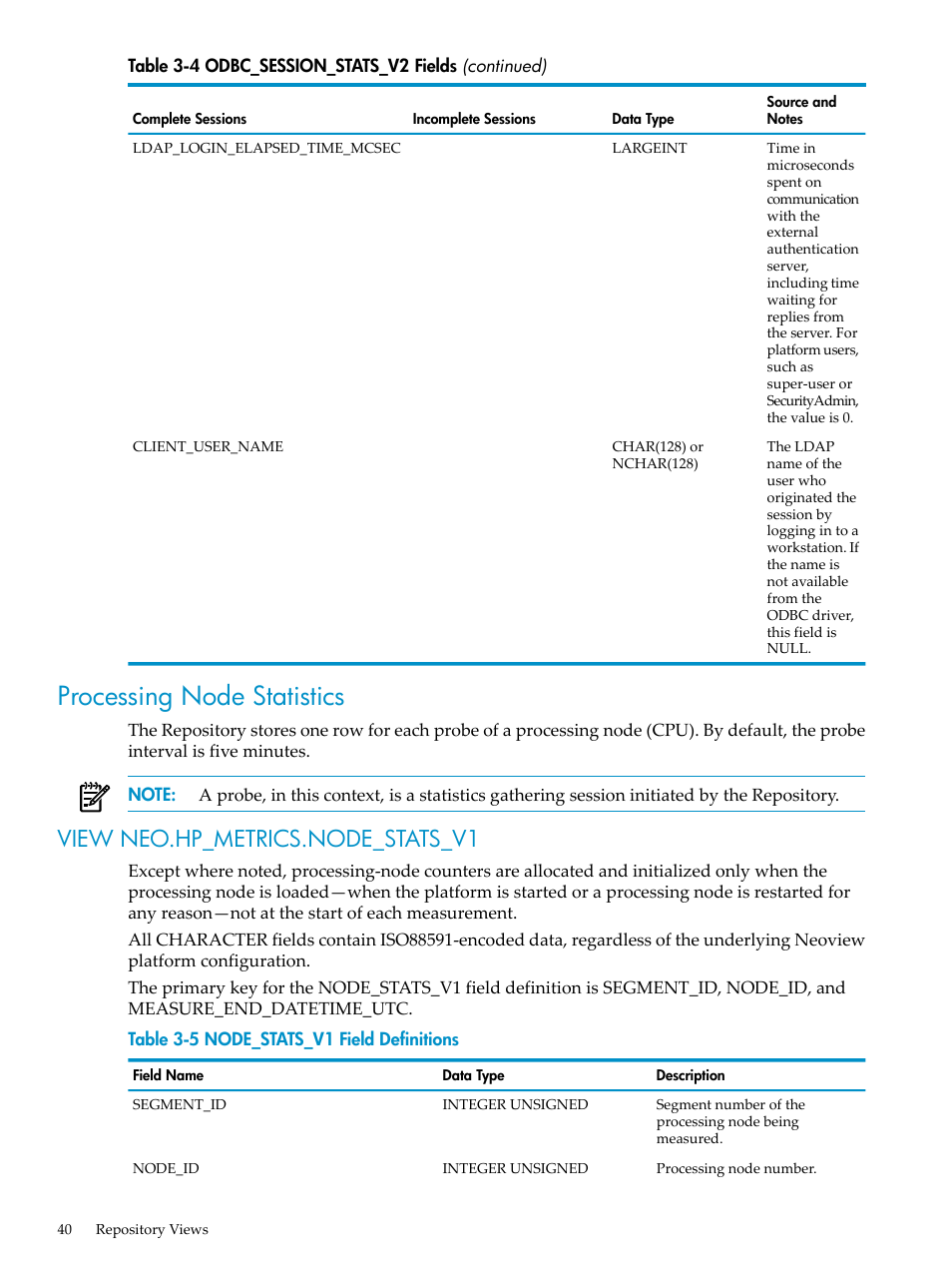 Processing node statistics, View neo.hp_metrics.node_stats_v1, Node_stats_v1 field definitions | HP Neoview Release 2.5 Software User Manual | Page 40 / 142