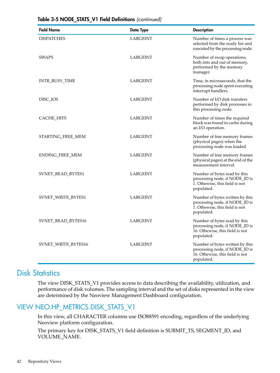 Disk statistics, View neo.hp_metrics.disk_stats_v1 | HP Neoview Release 2.5 Software User Manual | Page 42 / 142