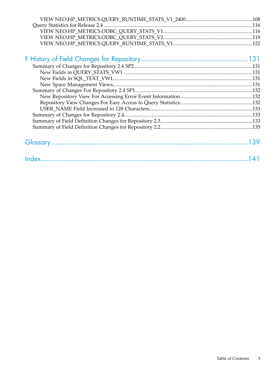 F history of field changes for repository, Glossary index | HP Neoview Release 2.5 Software User Manual | Page 5 / 142