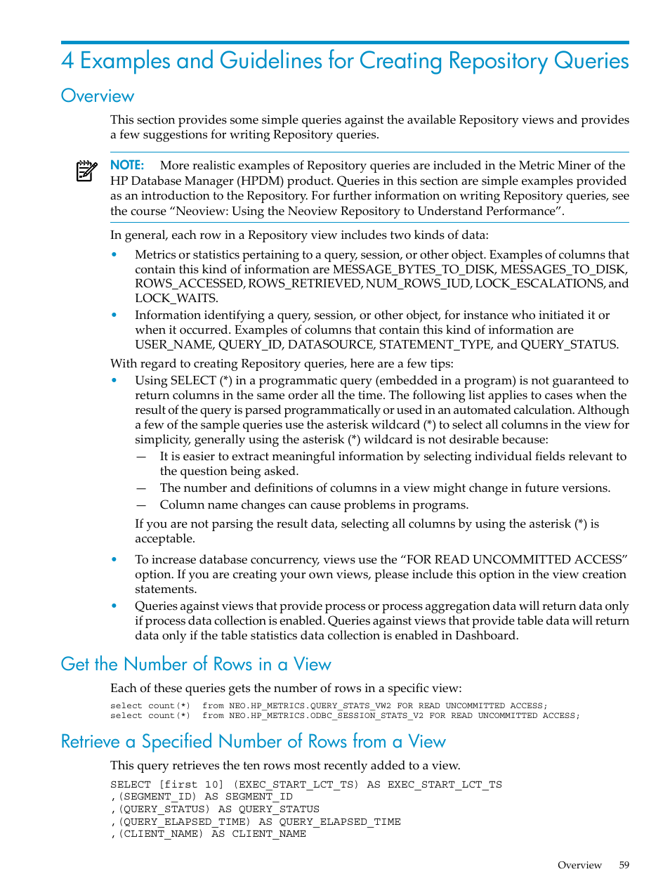 Overview, Get the number of rows in a view, Retrieve a specified number of rows from a view | HP Neoview Release 2.5 Software User Manual | Page 59 / 142