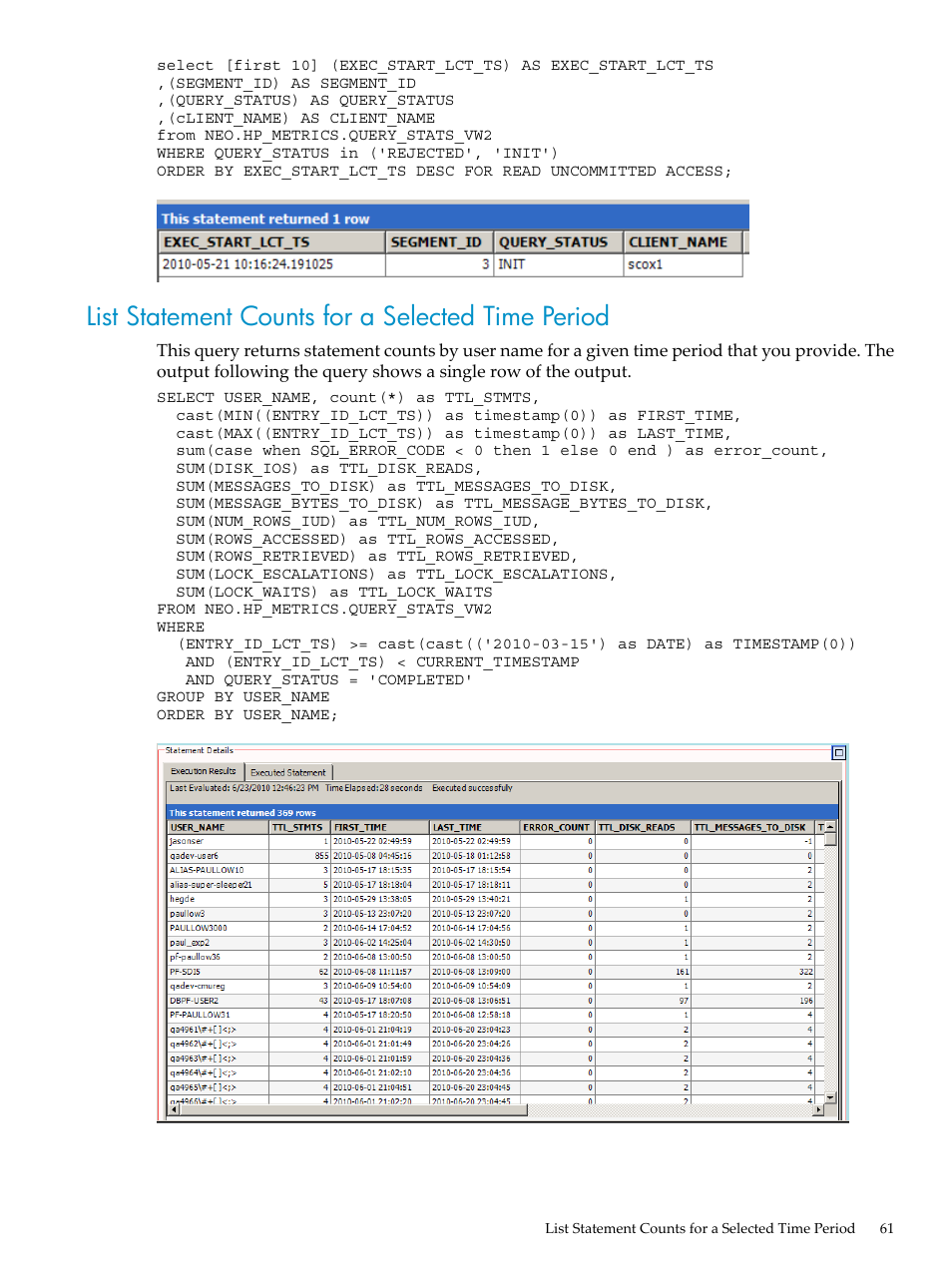 List statement counts for a selected time period | HP Neoview Release 2.5 Software User Manual | Page 61 / 142