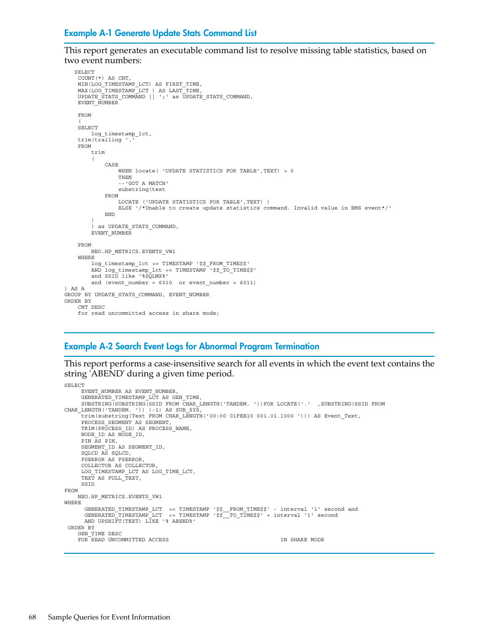 Generate update stats command list, Search event logs for abnormal program termination | HP Neoview Release 2.5 Software User Manual | Page 68 / 142