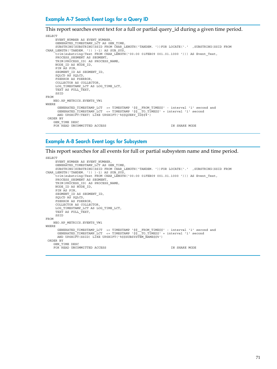 Search event logs for a query id, Search event logs for subsystem | HP Neoview Release 2.5 Software User Manual | Page 71 / 142