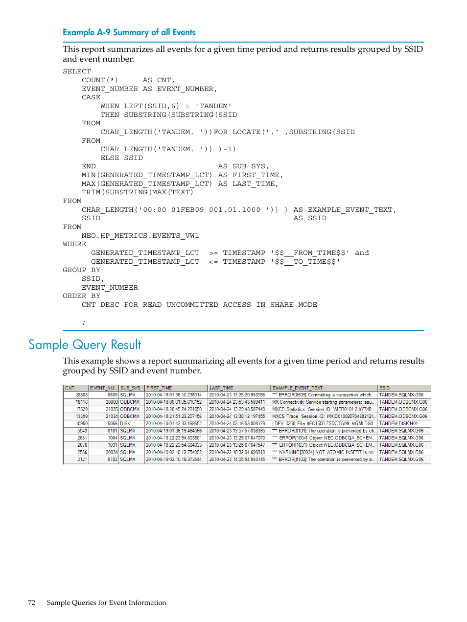 Sample query result, Summary of all events | HP Neoview Release 2.5 Software User Manual | Page 72 / 142