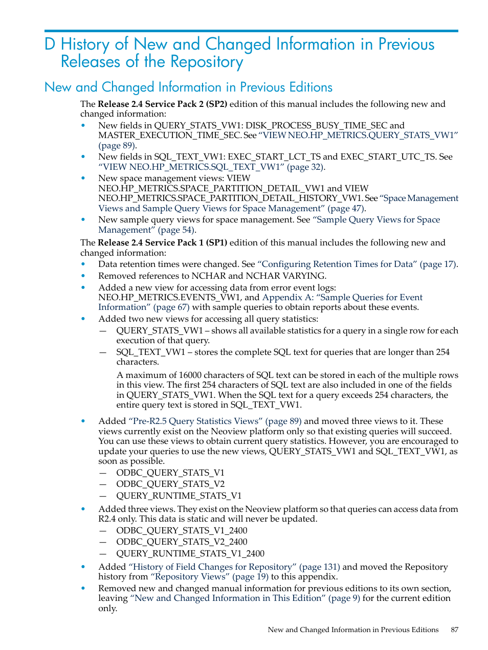 New and changed information in previous editions | HP Neoview Release 2.5 Software User Manual | Page 87 / 142