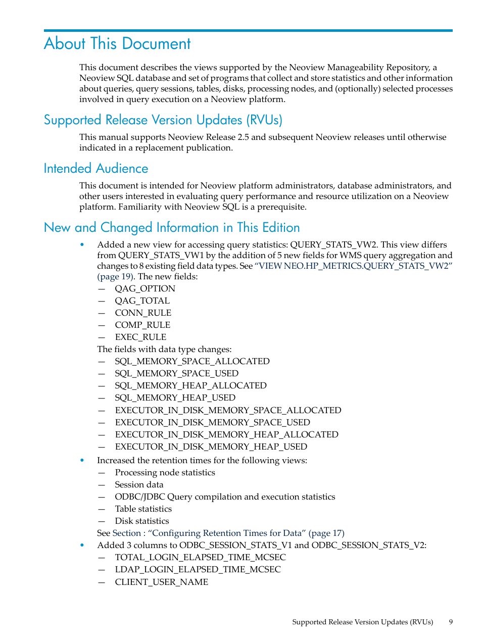 About this document, Supported release version updates (rvus), Intended audience | New and changed information in this edition | HP Neoview Release 2.5 Software User Manual | Page 9 / 142