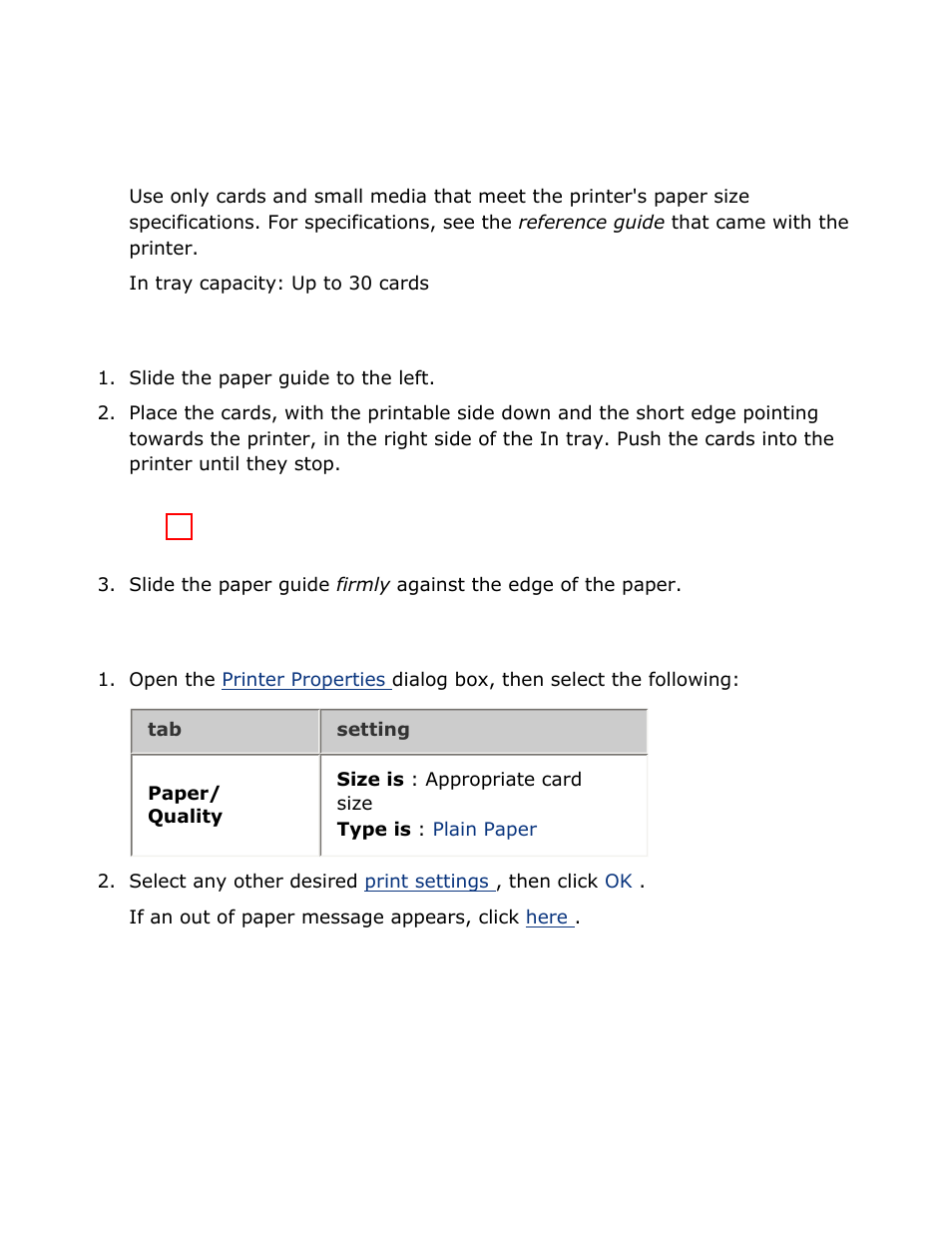 Index cards and other small media, Guidelines, Preparing to print | Printing | HP Deskjet 3520 Inkjet Printer User Manual | Page 36 / 65