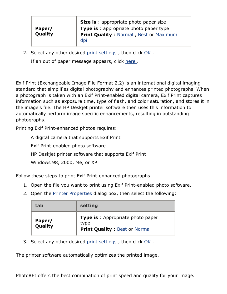 Printing exif print-enhanced photographs, Photoret printing | HP Deskjet 3520 Inkjet Printer User Manual | Page 44 / 65