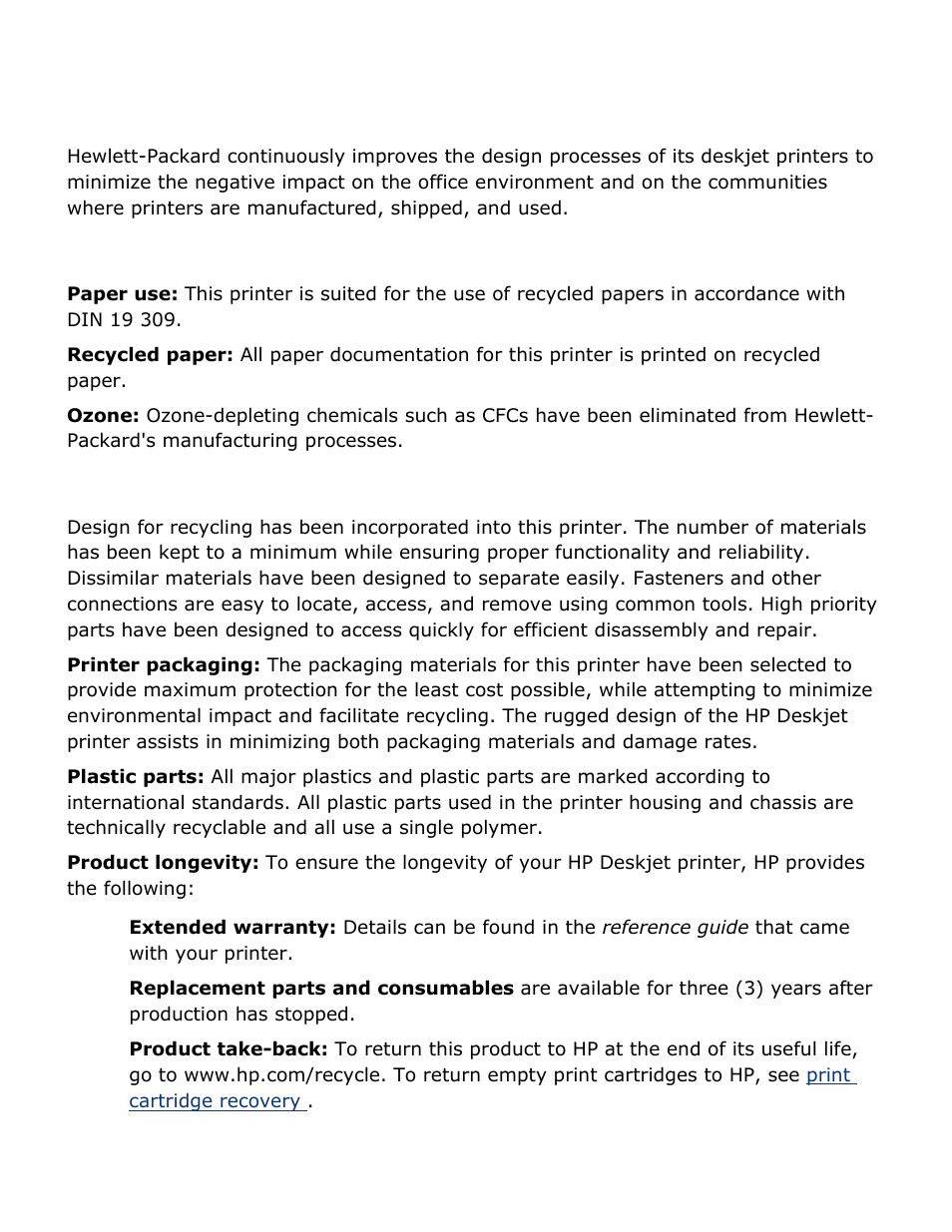 Environmental statement, Reduction and elimination, Recycling | HP Deskjet 3520 Inkjet Printer User Manual | Page 64 / 65