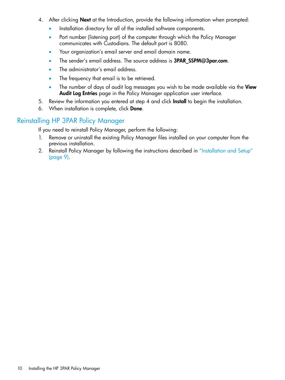 Reinstalling hp 3par policy manager | HP 3PAR Policy Manager Software User Manual | Page 10 / 42