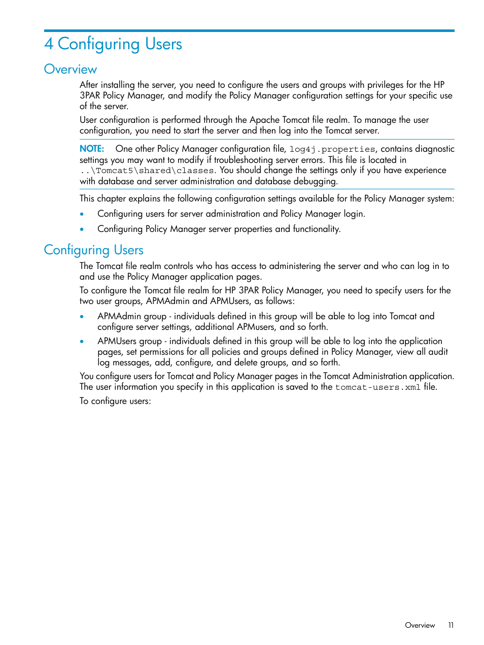 Hardware requirements, 4 configuring users, Overview | Configuring users, Overview configuring users | HP 3PAR Policy Manager Software User Manual | Page 11 / 42