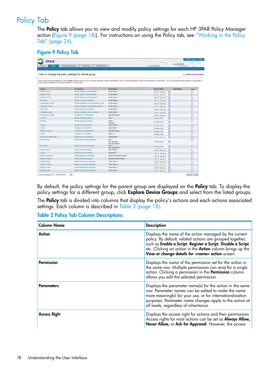 Policy tab | HP 3PAR Policy Manager Software User Manual | Page 18 / 42