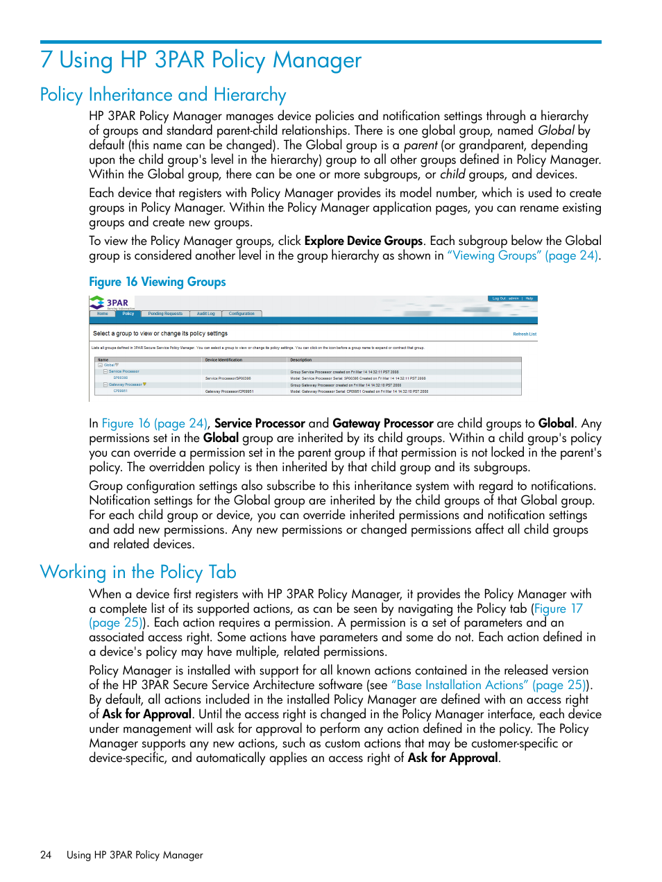 7 using hp 3par policy manager, Policy inheritance and hierarchy, Working in the policy tab | Working in the policy | HP 3PAR Policy Manager Software User Manual | Page 24 / 42