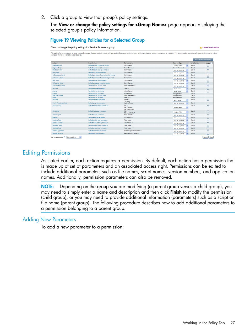 Editing permissions, Adding new parameters | HP 3PAR Policy Manager Software User Manual | Page 27 / 42