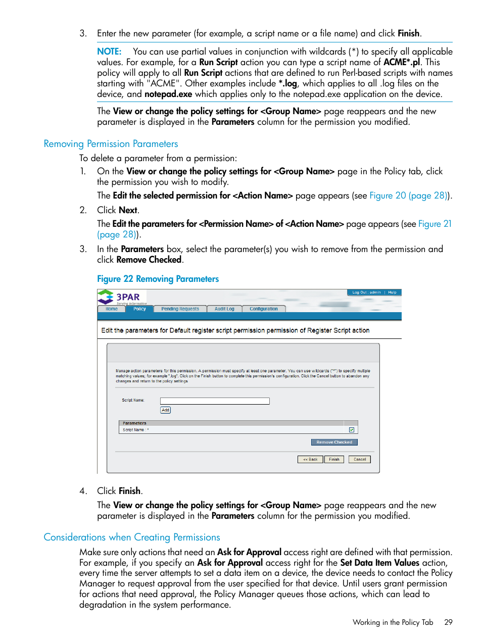 Removing permission parameters, Considerations when creating permissions | HP 3PAR Policy Manager Software User Manual | Page 29 / 42