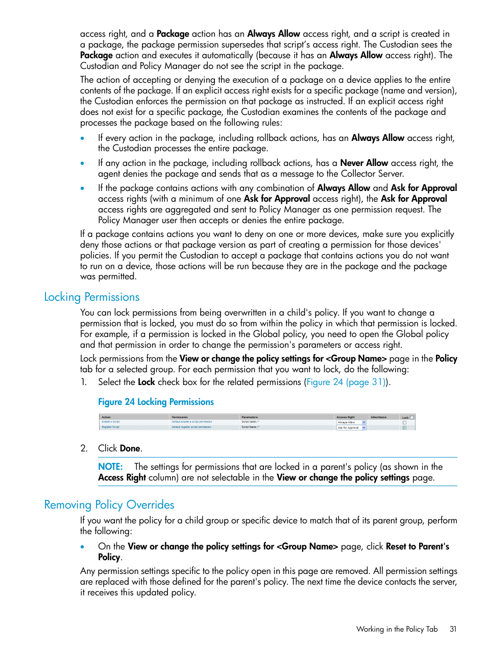 Locking permissions, Removing policy overrides, Locking permissions removing policy overrides | HP 3PAR Policy Manager Software User Manual | Page 31 / 42