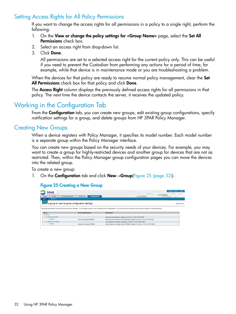 Setting access rights for all policy permissions, Working in the configuration tab, Creating new groups | HP 3PAR Policy Manager Software User Manual | Page 32 / 42
