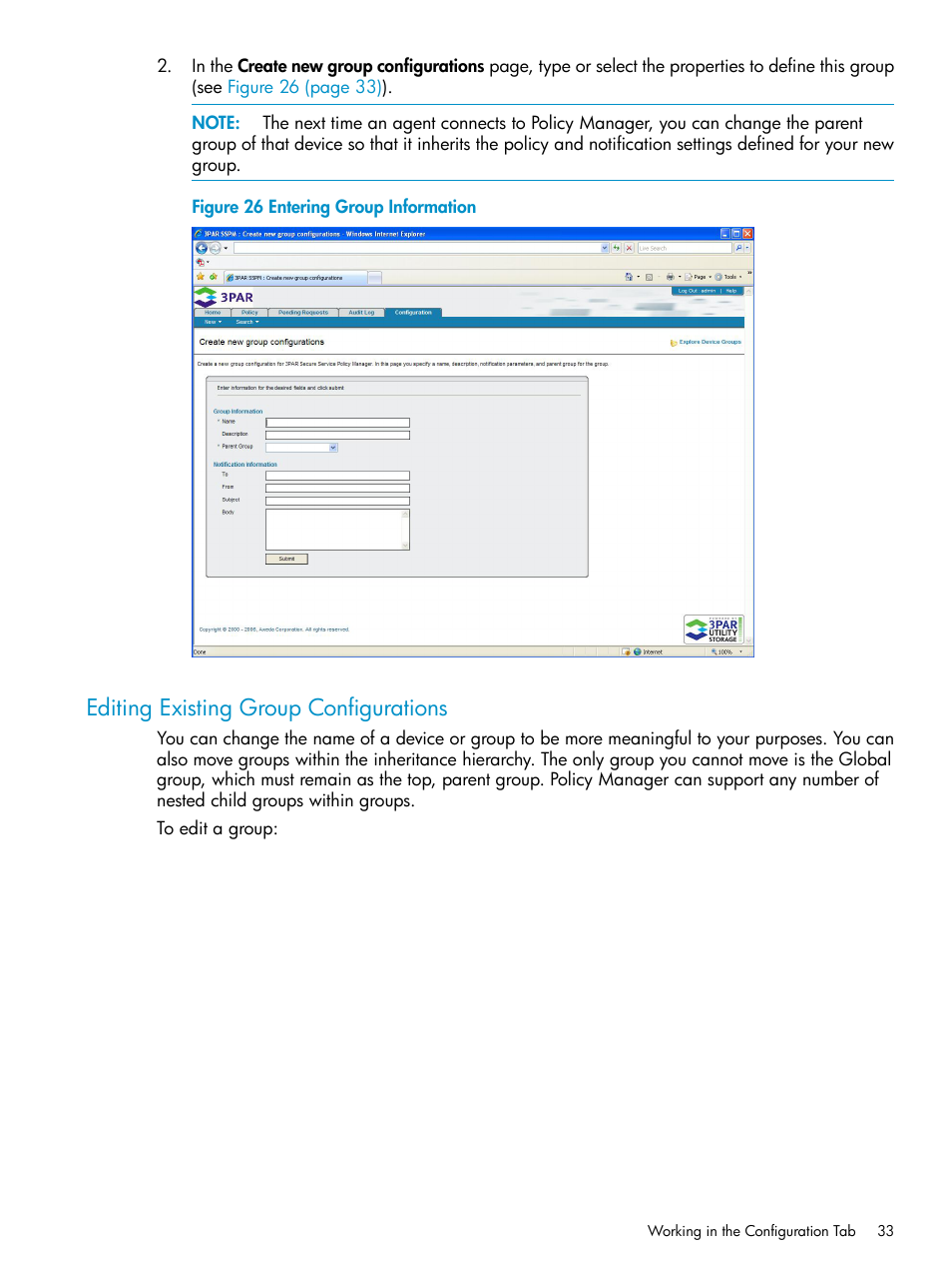 Editing existing group configurations | HP 3PAR Policy Manager Software User Manual | Page 33 / 42