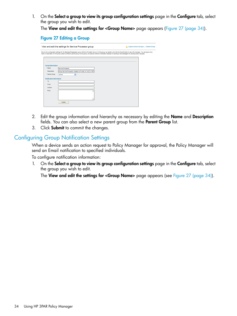 Configuring group notification settings | HP 3PAR Policy Manager Software User Manual | Page 34 / 42