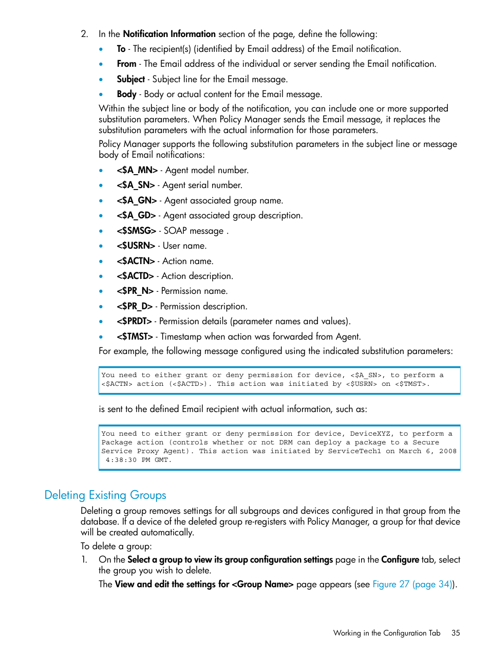 Deleting existing groups | HP 3PAR Policy Manager Software User Manual | Page 35 / 42