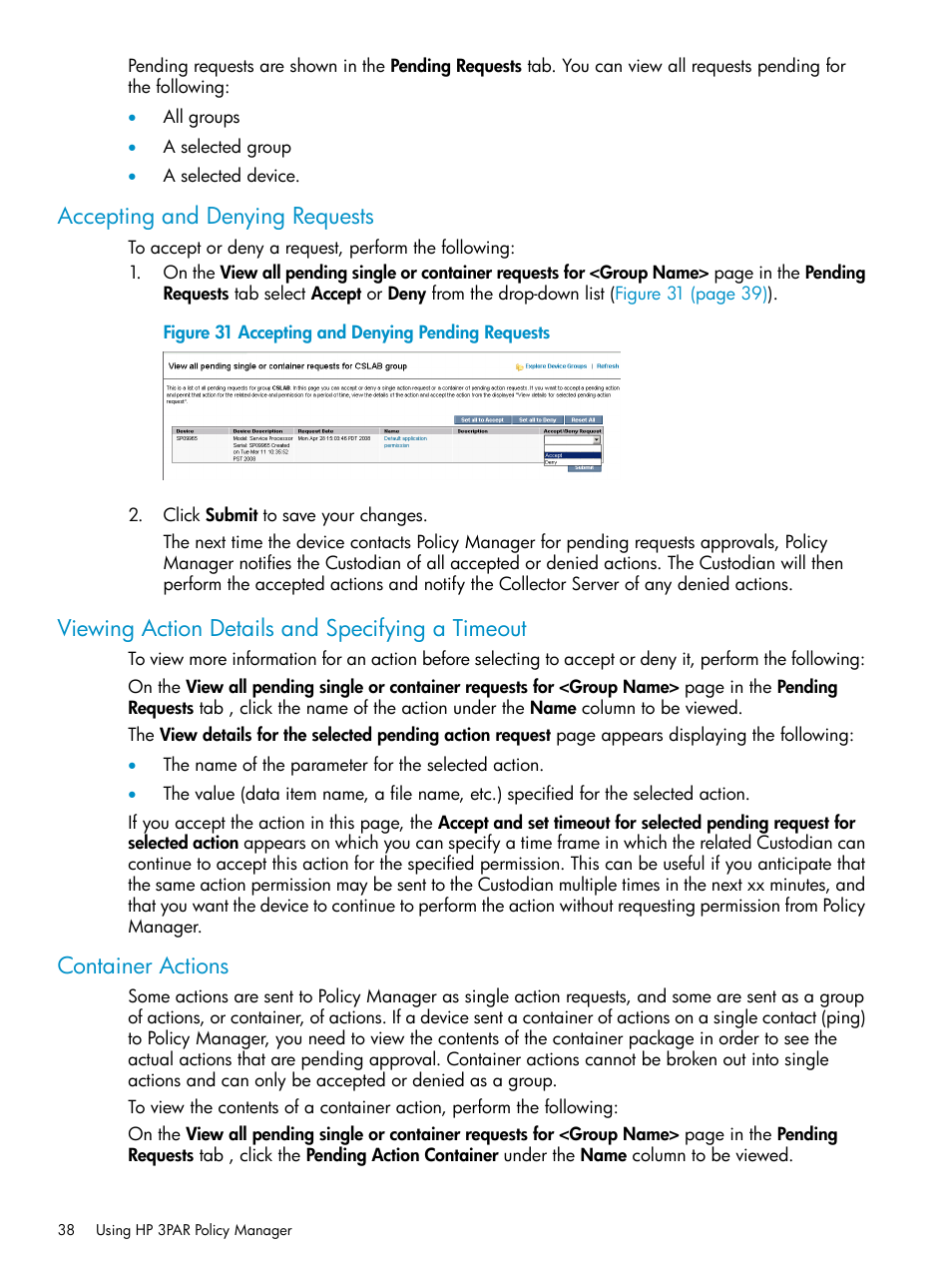 Accepting and denying requests, Viewing action details and specifying a timeout, Container actions | HP 3PAR Policy Manager Software User Manual | Page 38 / 42