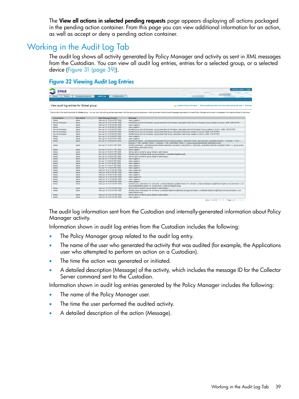 Working in the audit log tab | HP 3PAR Policy Manager Software User Manual | Page 39 / 42