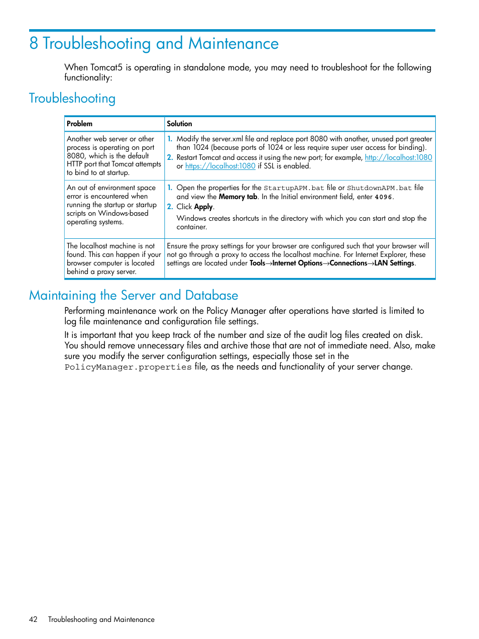 8 troubleshooting and maintenance, Troubleshooting, Maintaining the server and database | HP 3PAR Policy Manager Software User Manual | Page 42 / 42
