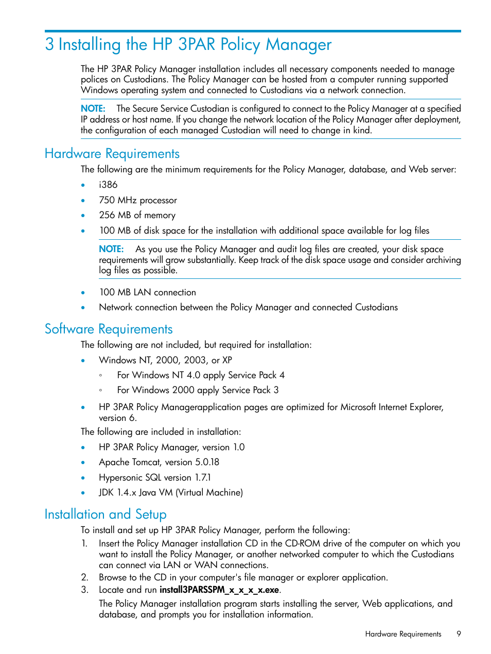 3 installing the hp 3par policy manager, Software requirements, Installation and setup | Software requirements installation and setup, Hardware requirements | HP 3PAR Policy Manager Software User Manual | Page 9 / 42