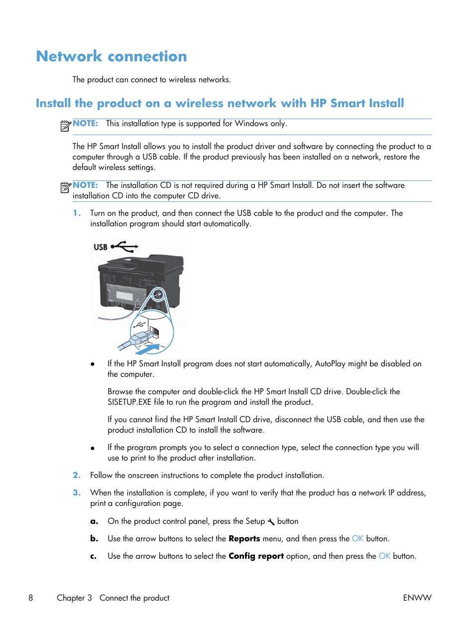 Network connection | HP LaserJet Pro M1217nfw Multifunction Printer User Manual | Page 16 / 36