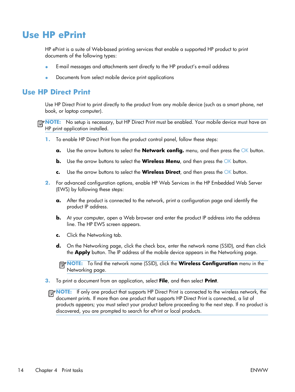 Use hp eprint, Use hp direct print | HP LaserJet Pro M1217nfw Multifunction Printer User Manual | Page 22 / 36