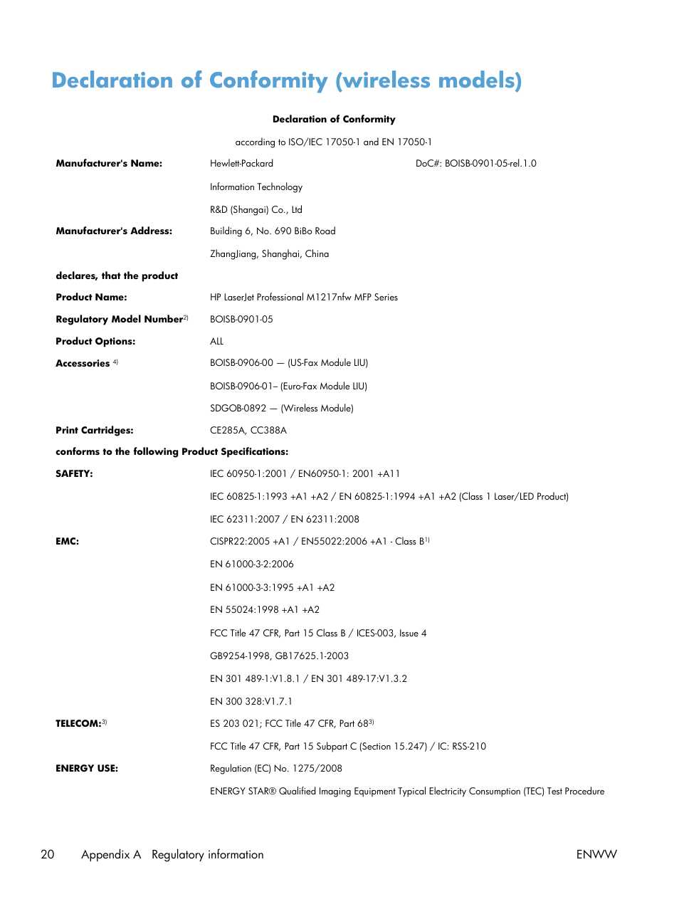 Declaration of conformity (wireless models), 20 appendix a regulatory information enww | HP LaserJet Pro M1217nfw Multifunction Printer User Manual | Page 28 / 36
