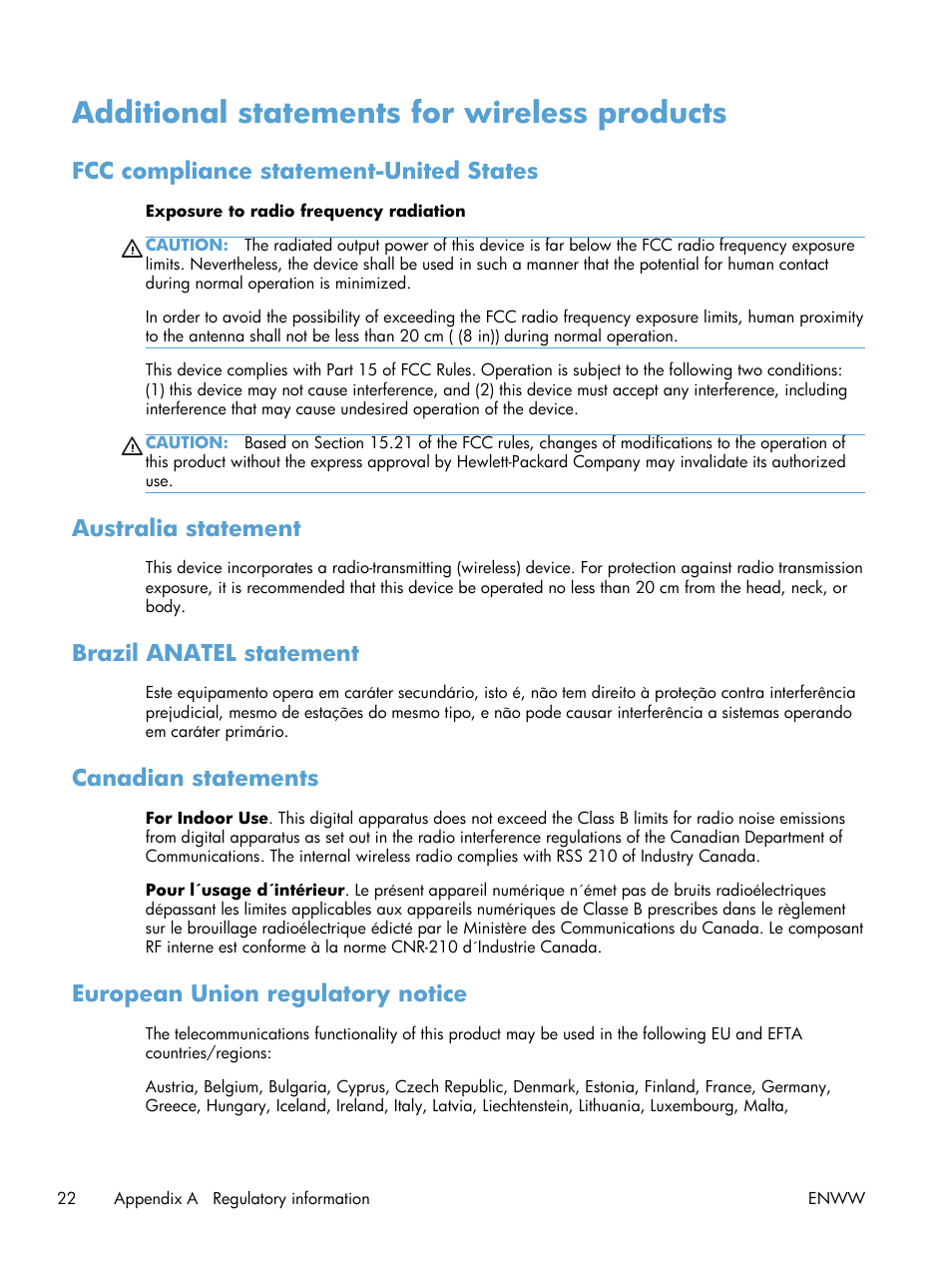 Additional statements for wireless products, Fcc compliance statement-united states, Australia statement | Brazil anatel statement, Canadian statements, European union regulatory notice | HP LaserJet Pro M1217nfw Multifunction Printer User Manual | Page 30 / 36