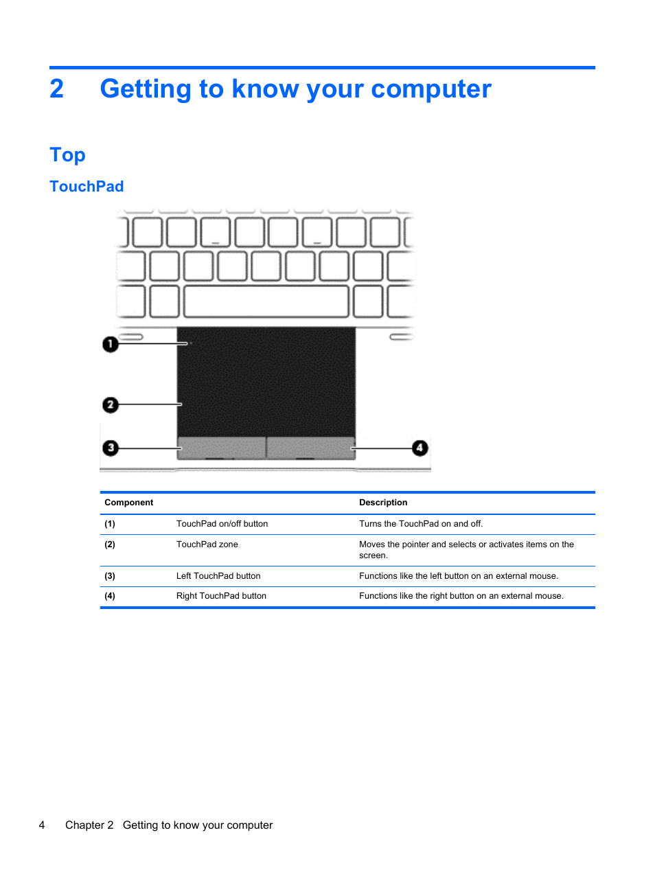 Getting to know your computer, Touchpad, 2 getting to know your computer | Getting to know, 2getting to know your computer | HP mt41 Mobile Thin Client User Manual | Page 14 / 90