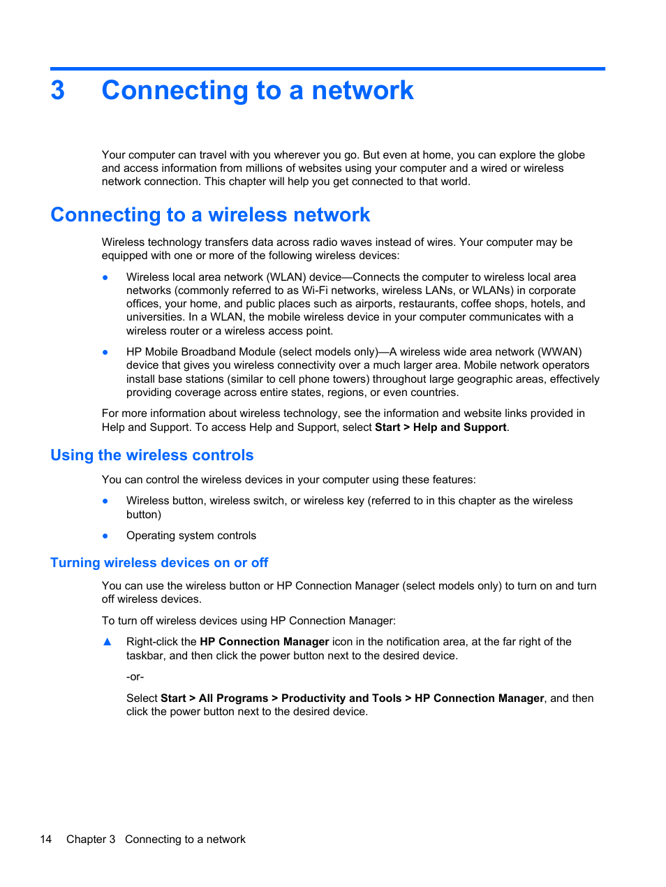 Connecting to a network, Connecting to a wireless network, Using the wireless controls | Turning wireless devices on or off, 3 connecting to a network, 3connecting to a network | HP mt41 Mobile Thin Client User Manual | Page 24 / 90