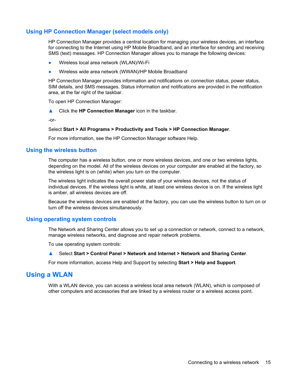 Using hp connection manager (select models only), Using the wireless button, Using operating system controls | Using a wlan | HP mt41 Mobile Thin Client User Manual | Page 25 / 90