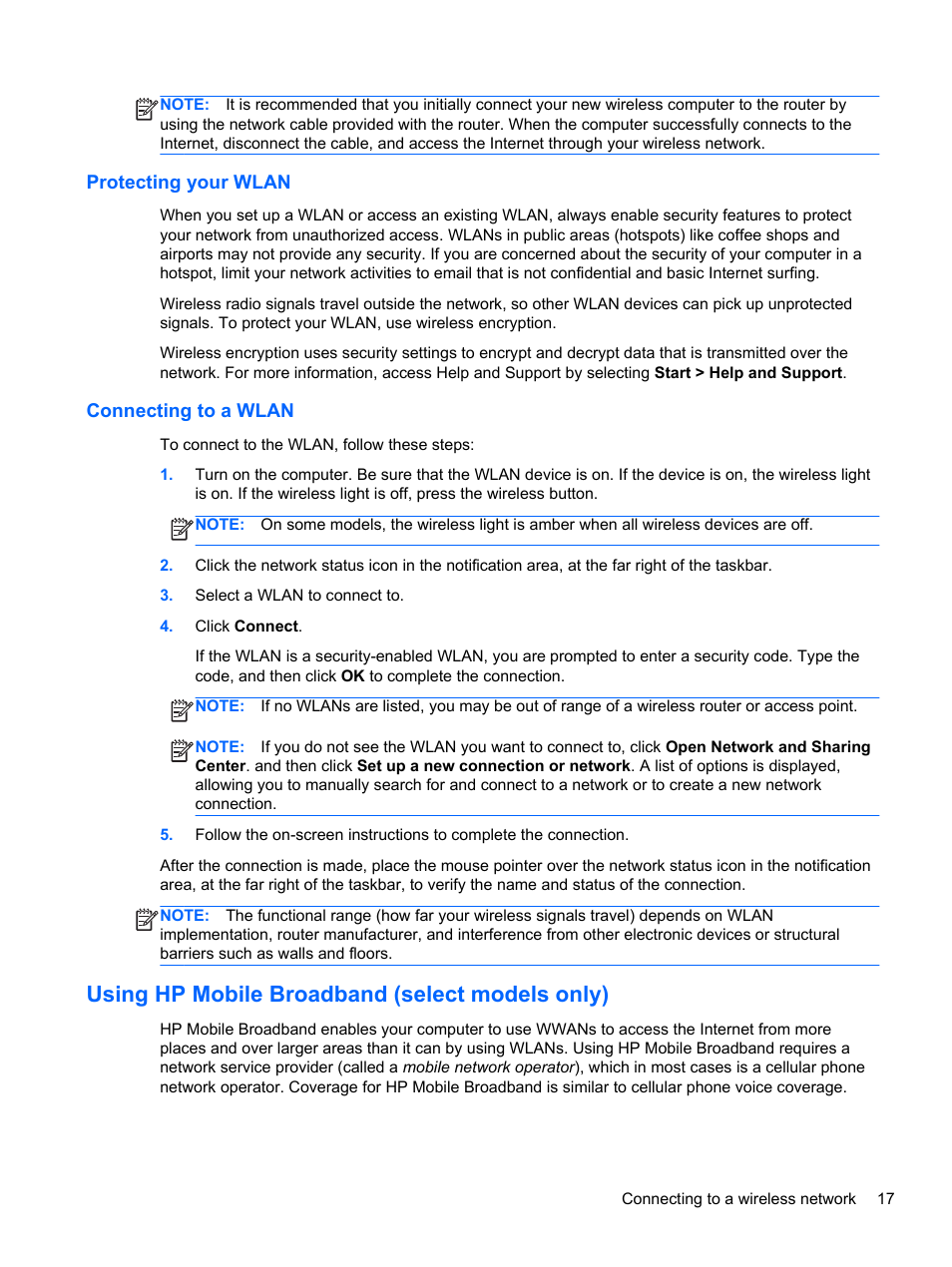 Protecting your wlan, Connecting to a wlan, Using hp mobile broadband (select models only) | Protecting your wlan connecting to a wlan | HP mt41 Mobile Thin Client User Manual | Page 27 / 90