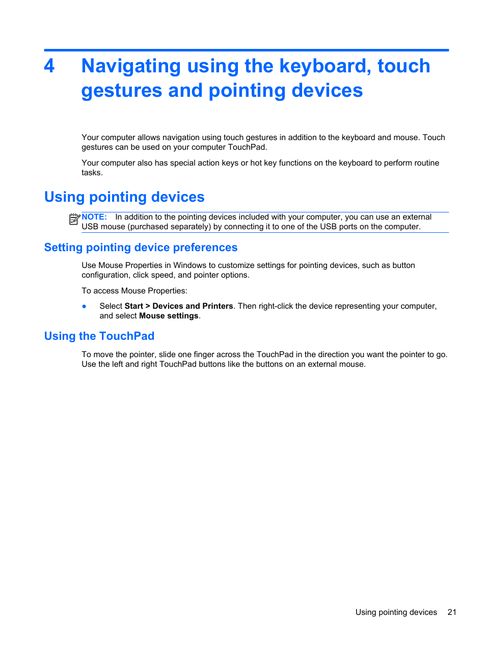 Using pointing devices, Setting pointing device preferences, Using the touchpad | HP mt41 Mobile Thin Client User Manual | Page 31 / 90