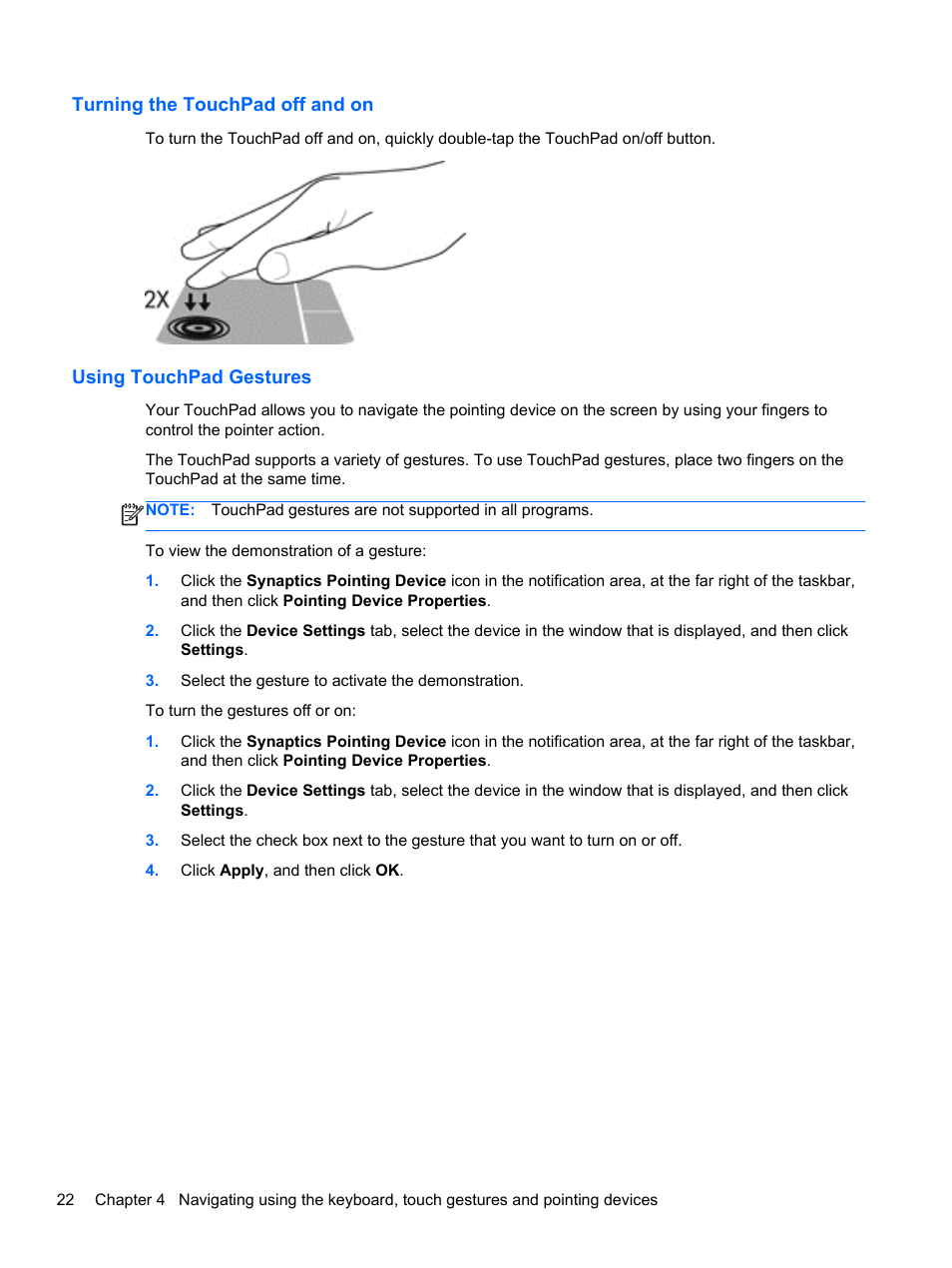 Turning the touchpad off and on, Using touchpad gestures | HP mt41 Mobile Thin Client User Manual | Page 32 / 90