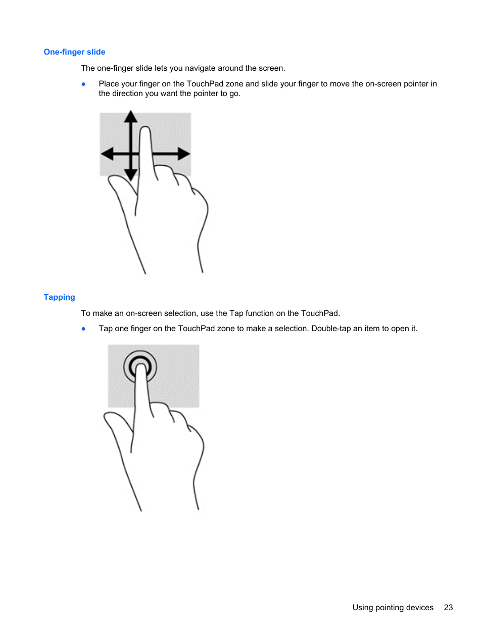 One-finger slide, Tapping, One-finger slide tapping | HP mt41 Mobile Thin Client User Manual | Page 33 / 90