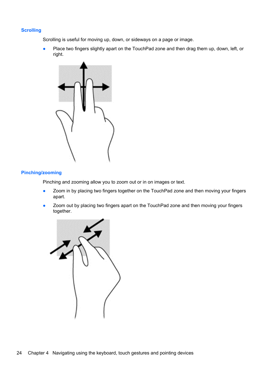 Scrolling, Pinching/zooming, Scrolling pinching/zooming | HP mt41 Mobile Thin Client User Manual | Page 34 / 90