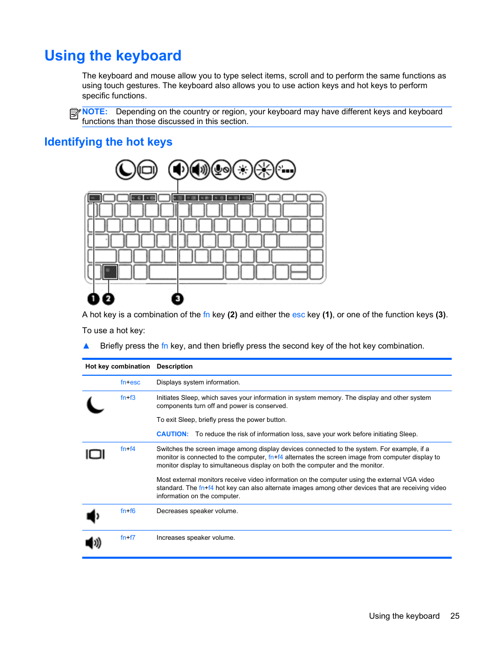 Using the keyboard, Identifying the hot keys | HP mt41 Mobile Thin Client User Manual | Page 35 / 90