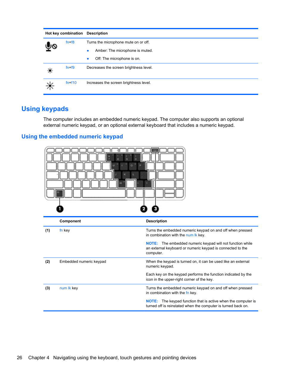 Using keypads, Using the embedded numeric keypad | HP mt41 Mobile Thin Client User Manual | Page 36 / 90