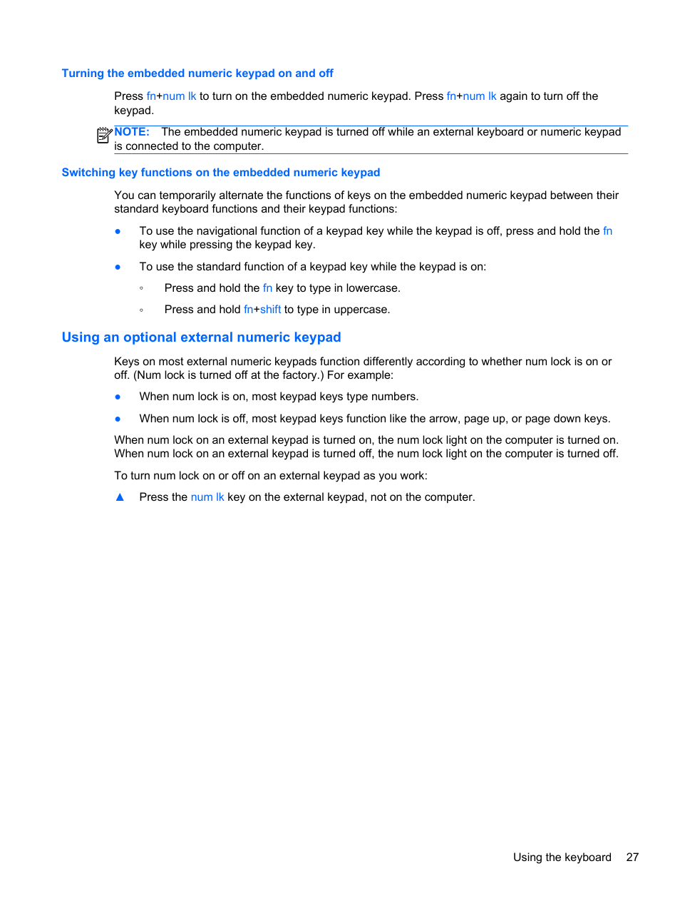 Turning the embedded numeric keypad on and off, Using an optional external numeric keypad | HP mt41 Mobile Thin Client User Manual | Page 37 / 90