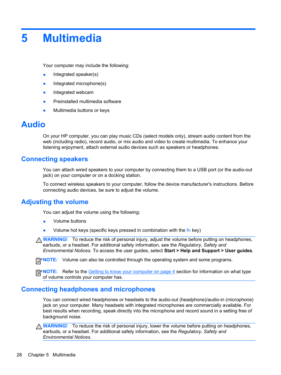 Multimedia, Audio, Connecting speakers | Adjusting the volume, Connecting headphones and microphones, 5 multimedia, 5multimedia | HP mt41 Mobile Thin Client User Manual | Page 38 / 90