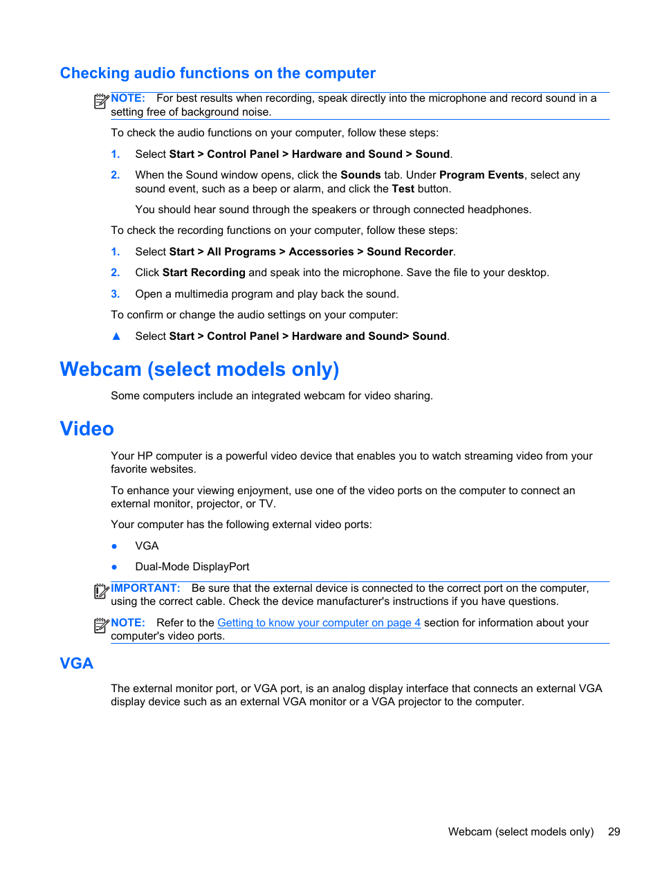 Checking audio functions on the computer, Webcam (select models only), Video | Webcam (select models only) video | HP mt41 Mobile Thin Client User Manual | Page 39 / 90