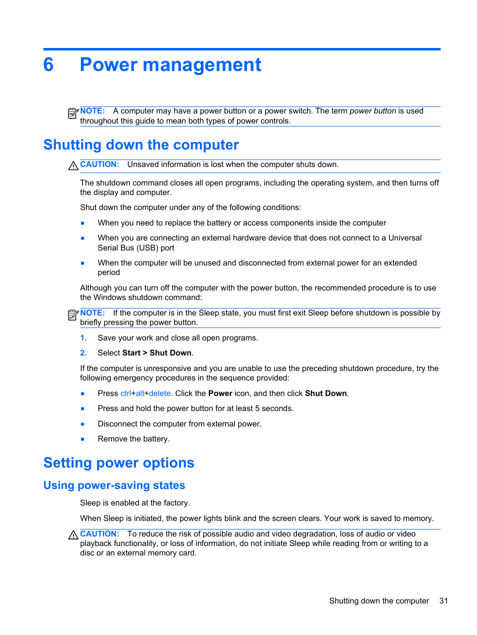 Power management, Shutting down the computer, Setting power options | Using power-saving states, 6 power management, Shutting down the computer setting power options, 6power management | HP mt41 Mobile Thin Client User Manual | Page 41 / 90