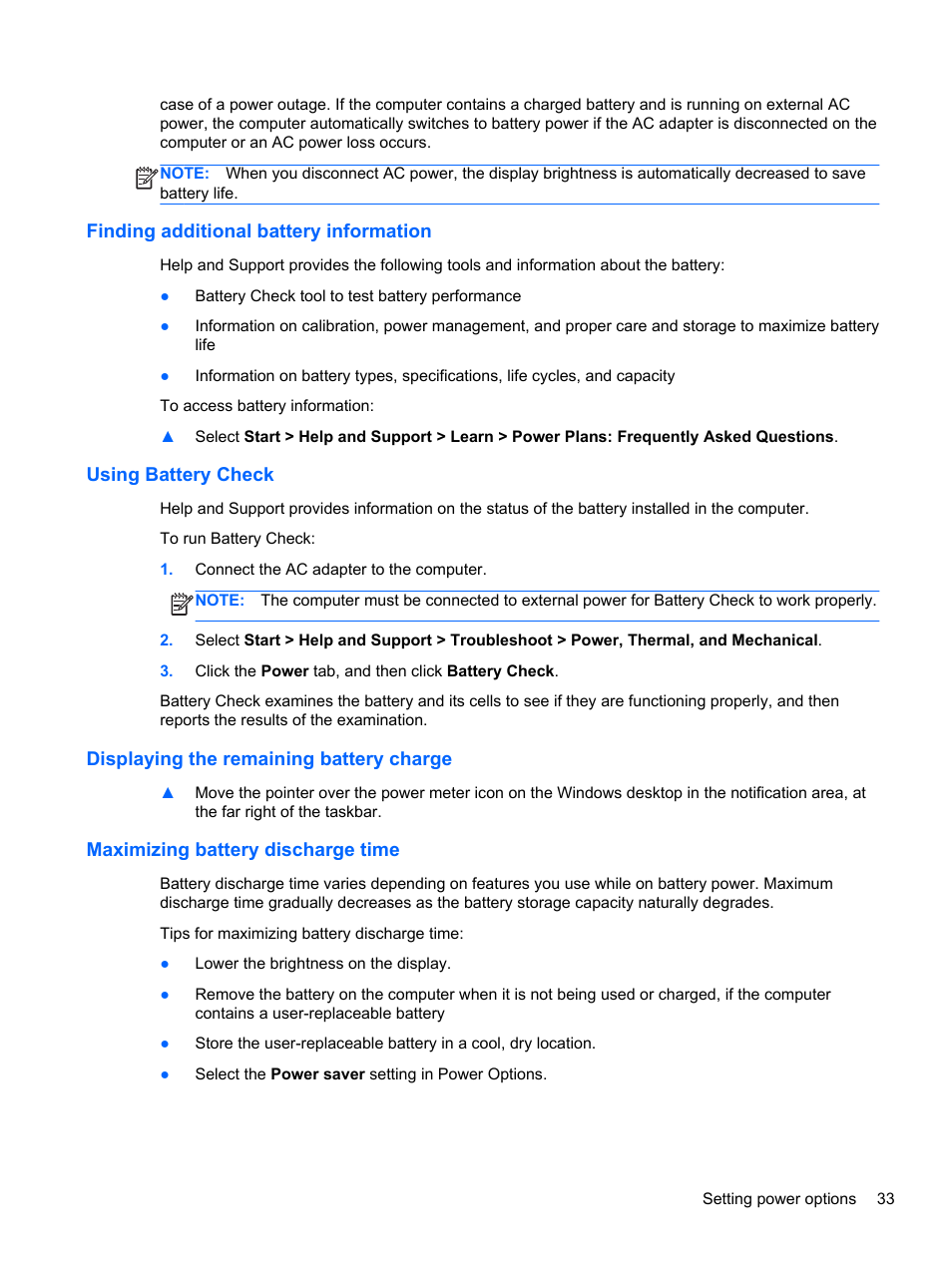 Finding additional battery information, Using battery check, Displaying the remaining battery charge | Maximizing battery discharge time | HP mt41 Mobile Thin Client User Manual | Page 43 / 90